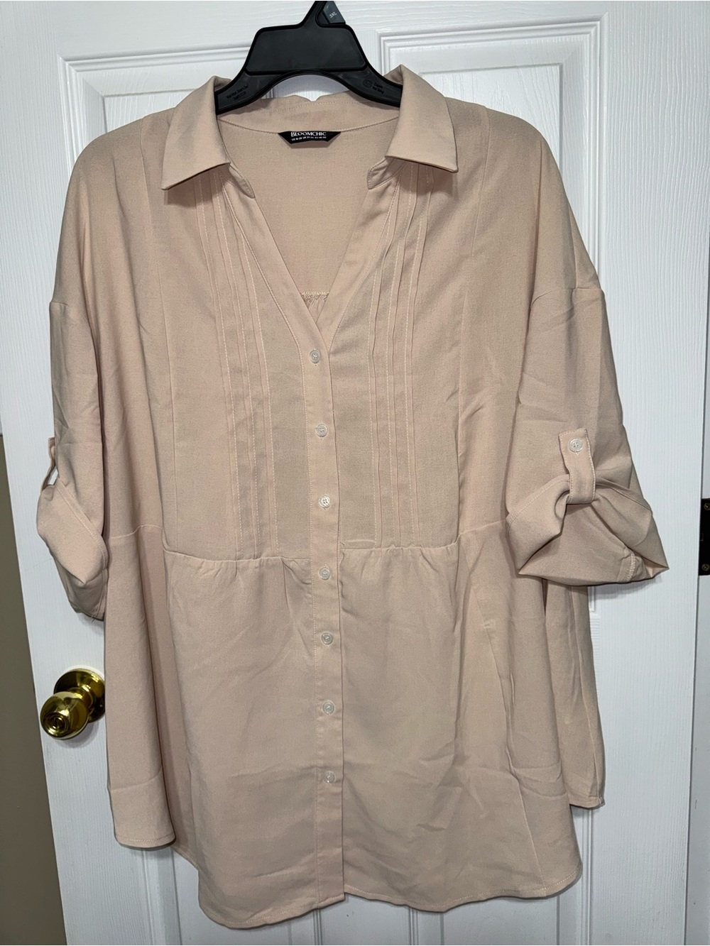 Bloomchic Toothpick Pleats Tab Sleeve Long Blouse Apricot Sz 18 20